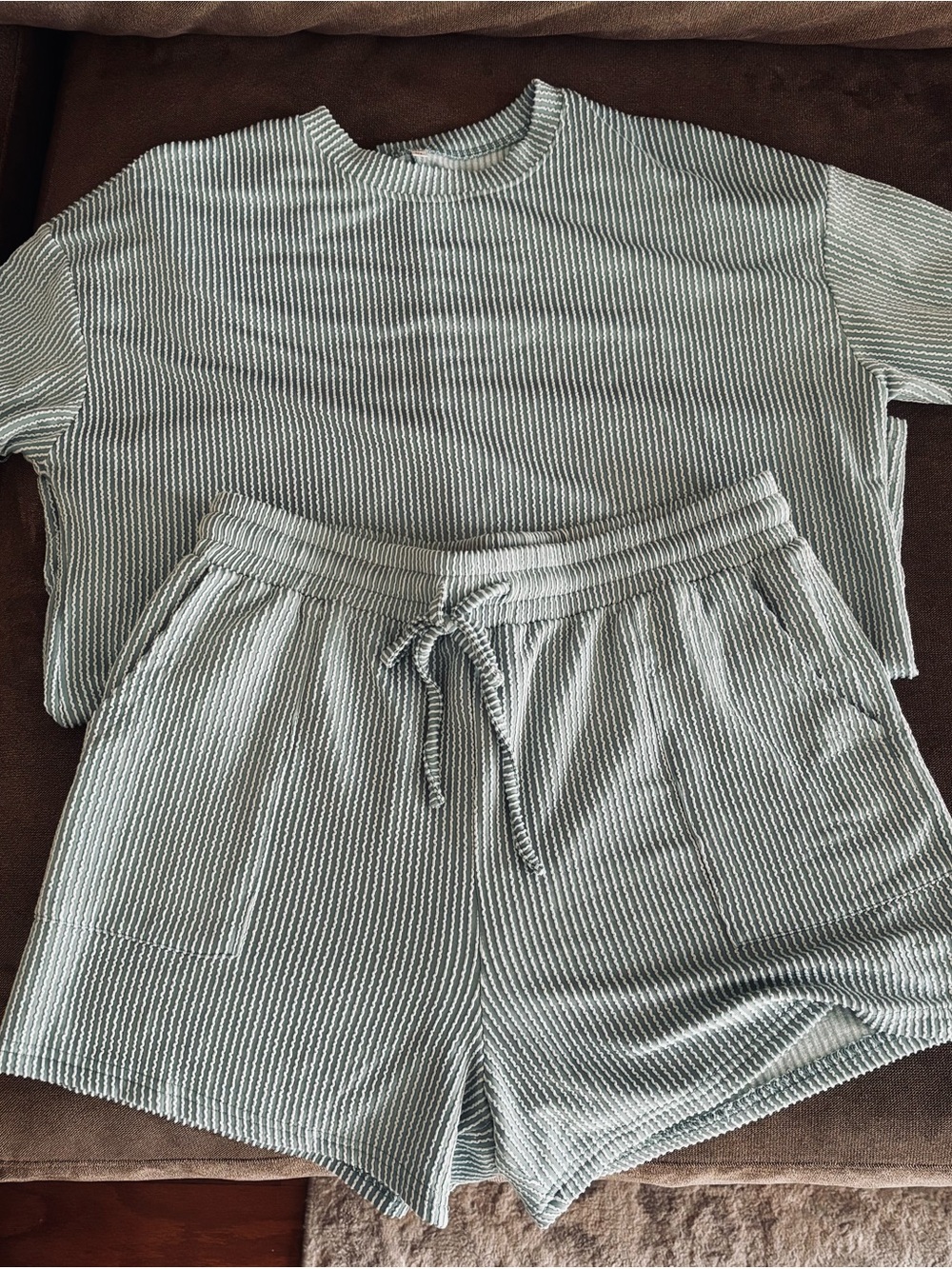 Boutique Women’s Ribbed Drawstring Athletic Shorts and top set- Sage Green